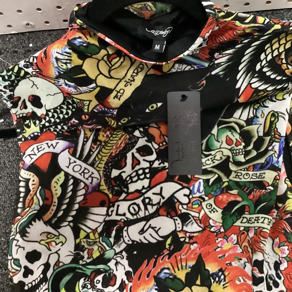 Ed Hardy Tattoo Collage Print Dress, Size Medium